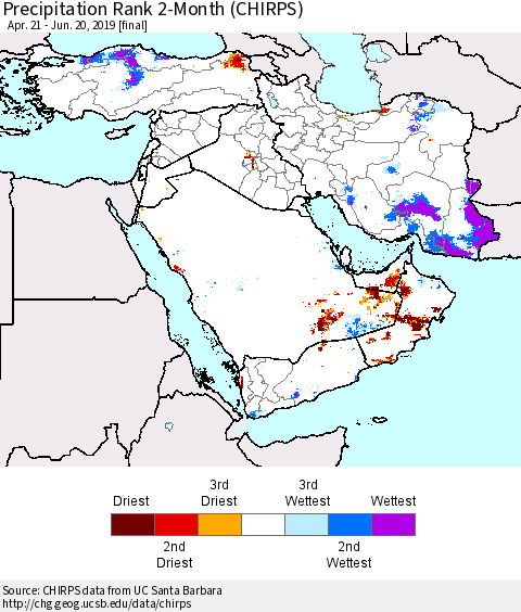Middle East and Turkey Precipitation Rank since 1981, 2-Month (CHIRPS) Thematic Map For 4/21/2019 - 6/20/2019