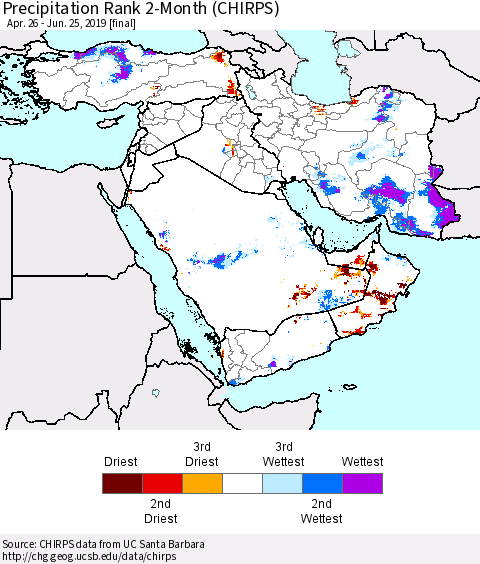 Middle East and Turkey Precipitation Rank since 1981, 2-Month (CHIRPS) Thematic Map For 4/26/2019 - 6/25/2019