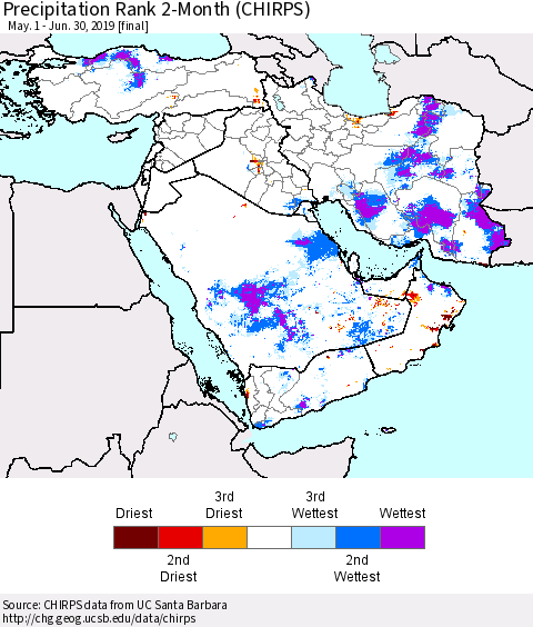 Middle East and Turkey Precipitation Rank since 1981, 2-Month (CHIRPS) Thematic Map For 5/1/2019 - 6/30/2019