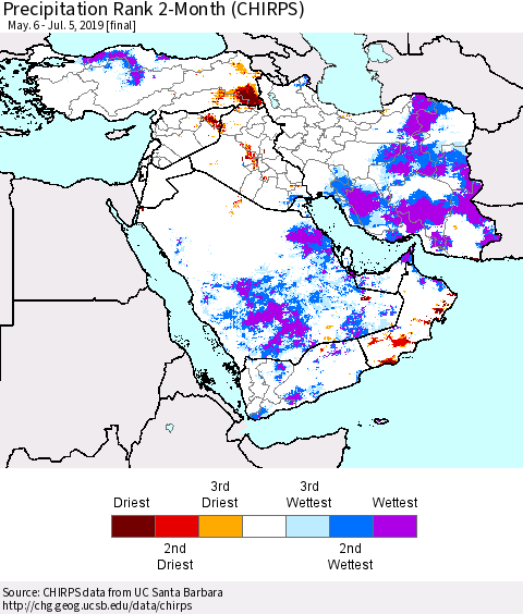 Middle East and Turkey Precipitation Rank since 1981, 2-Month (CHIRPS) Thematic Map For 5/6/2019 - 7/5/2019