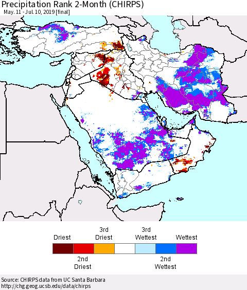 Middle East and Turkey Precipitation Rank since 1981, 2-Month (CHIRPS) Thematic Map For 5/11/2019 - 7/10/2019