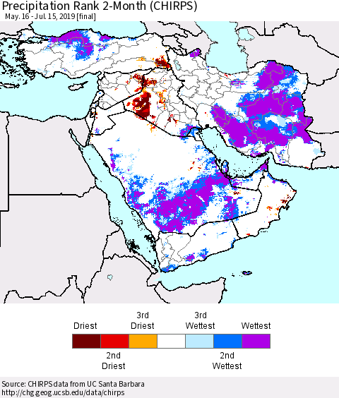 Middle East and Turkey Precipitation Rank since 1981, 2-Month (CHIRPS) Thematic Map For 5/16/2019 - 7/15/2019