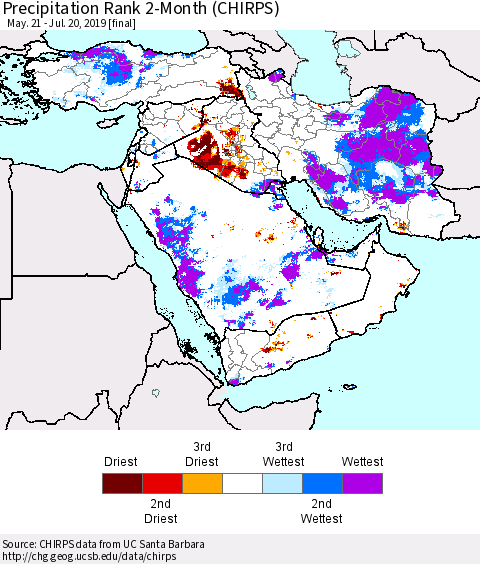 Middle East and Turkey Precipitation Rank since 1981, 2-Month (CHIRPS) Thematic Map For 5/21/2019 - 7/20/2019