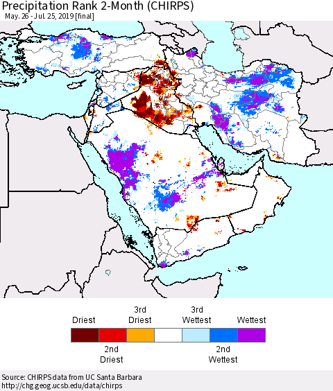 Middle East and Turkey Precipitation Rank since 1981, 2-Month (CHIRPS) Thematic Map For 5/26/2019 - 7/25/2019