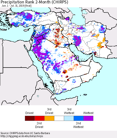 Middle East and Turkey Precipitation Rank since 1981, 2-Month (CHIRPS) Thematic Map For 6/1/2019 - 7/31/2019