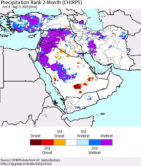 Middle East and Turkey Precipitation Rank since 1981, 2-Month (CHIRPS) Thematic Map For 6/6/2019 - 8/5/2019