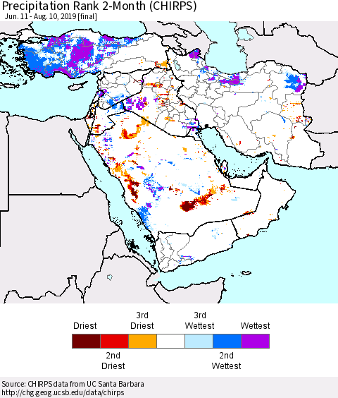 Middle East and Turkey Precipitation Rank since 1981, 2-Month (CHIRPS) Thematic Map For 6/11/2019 - 8/10/2019