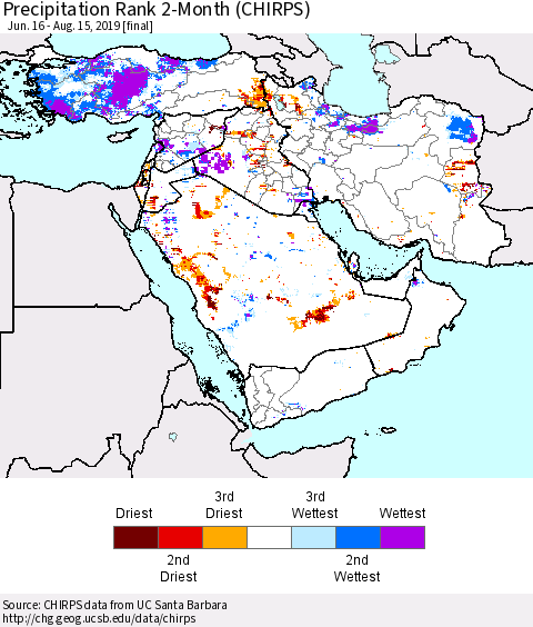 Middle East and Turkey Precipitation Rank since 1981, 2-Month (CHIRPS) Thematic Map For 6/16/2019 - 8/15/2019