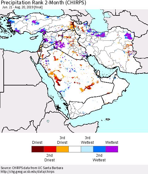 Middle East and Turkey Precipitation Rank since 1981, 2-Month (CHIRPS) Thematic Map For 6/21/2019 - 8/20/2019