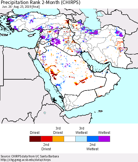 Middle East and Turkey Precipitation Rank since 1981, 2-Month (CHIRPS) Thematic Map For 6/26/2019 - 8/25/2019