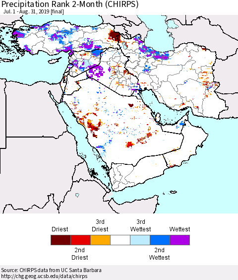 Middle East and Turkey Precipitation Rank since 1981, 2-Month (CHIRPS) Thematic Map For 7/1/2019 - 8/31/2019