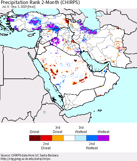 Middle East and Turkey Precipitation Rank since 1981, 2-Month (CHIRPS) Thematic Map For 7/6/2019 - 9/5/2019