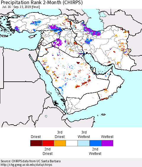 Middle East and Turkey Precipitation Rank since 1981, 2-Month (CHIRPS) Thematic Map For 7/16/2019 - 9/15/2019