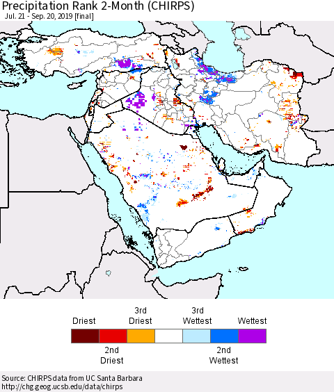 Middle East and Turkey Precipitation Rank since 1981, 2-Month (CHIRPS) Thematic Map For 7/21/2019 - 9/20/2019