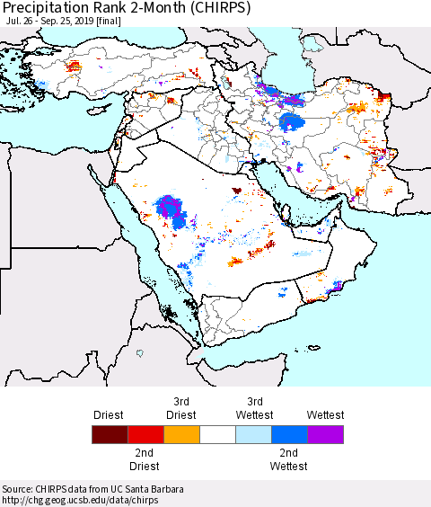 Middle East and Turkey Precipitation Rank since 1981, 2-Month (CHIRPS) Thematic Map For 7/26/2019 - 9/25/2019