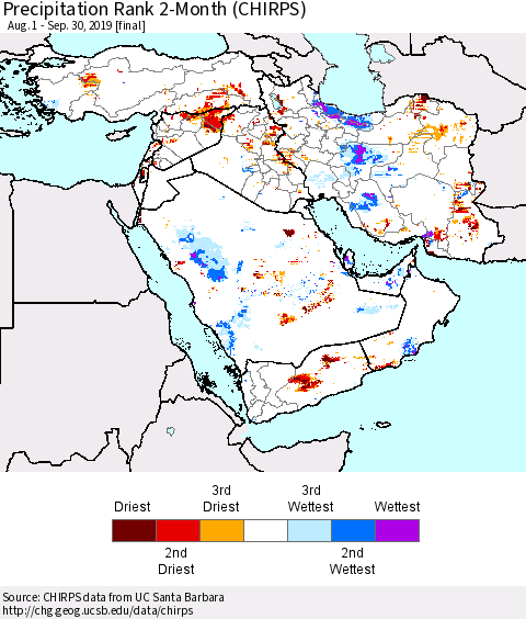 Middle East and Turkey Precipitation Rank since 1981, 2-Month (CHIRPS) Thematic Map For 8/1/2019 - 9/30/2019