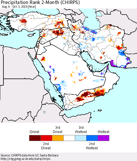 Middle East and Turkey Precipitation Rank since 1981, 2-Month (CHIRPS) Thematic Map For 8/6/2019 - 10/5/2019