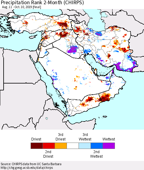 Middle East and Turkey Precipitation Rank since 1981, 2-Month (CHIRPS) Thematic Map For 8/11/2019 - 10/10/2019