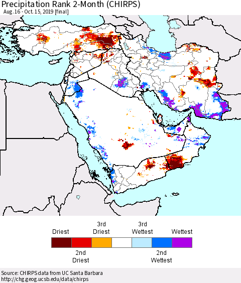 Middle East and Turkey Precipitation Rank since 1981, 2-Month (CHIRPS) Thematic Map For 8/16/2019 - 10/15/2019