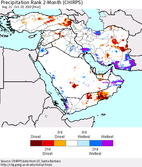 Middle East and Turkey Precipitation Rank since 1981, 2-Month (CHIRPS) Thematic Map For 8/21/2019 - 10/20/2019