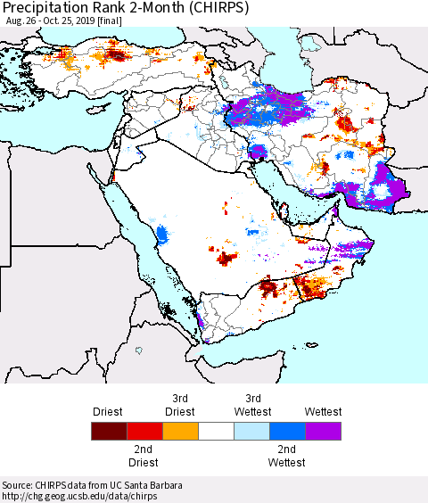 Middle East and Turkey Precipitation Rank since 1981, 2-Month (CHIRPS) Thematic Map For 8/26/2019 - 10/25/2019