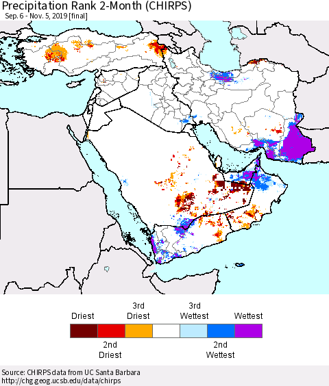 Middle East and Turkey Precipitation Rank since 1981, 2-Month (CHIRPS) Thematic Map For 9/6/2019 - 11/5/2019