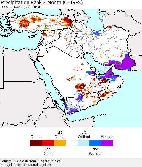 Middle East and Turkey Precipitation Rank since 1981, 2-Month (CHIRPS) Thematic Map For 9/11/2019 - 11/10/2019
