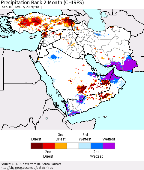 Middle East and Turkey Precipitation Rank since 1981, 2-Month (CHIRPS) Thematic Map For 9/16/2019 - 11/15/2019
