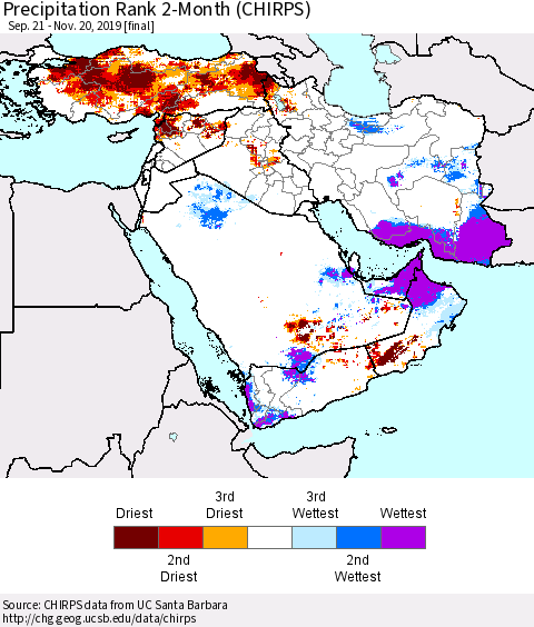 Middle East and Turkey Precipitation Rank since 1981, 2-Month (CHIRPS) Thematic Map For 9/21/2019 - 11/20/2019