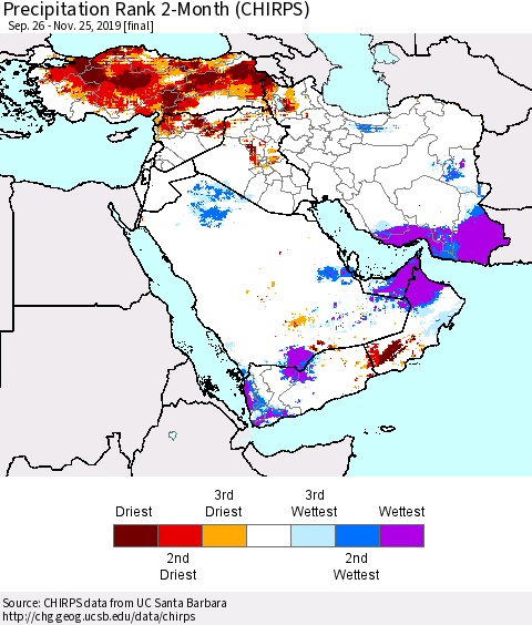 Middle East and Turkey Precipitation Rank since 1981, 2-Month (CHIRPS) Thematic Map For 9/26/2019 - 11/25/2019