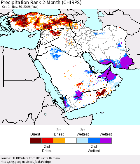 Middle East and Turkey Precipitation Rank since 1981, 2-Month (CHIRPS) Thematic Map For 10/1/2019 - 11/30/2019