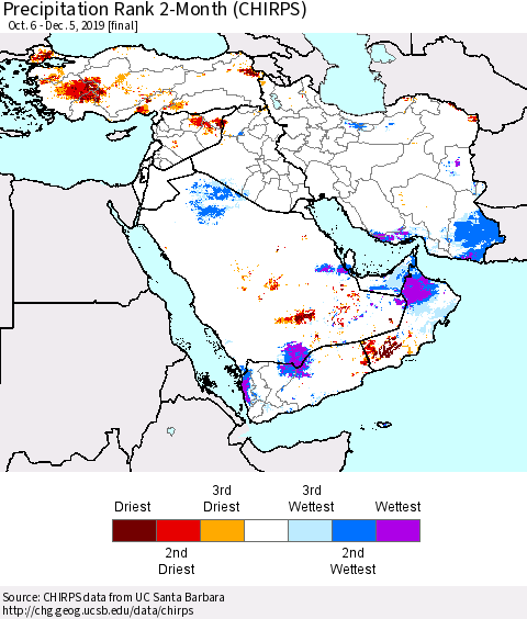Middle East and Turkey Precipitation Rank since 1981, 2-Month (CHIRPS) Thematic Map For 10/6/2019 - 12/5/2019