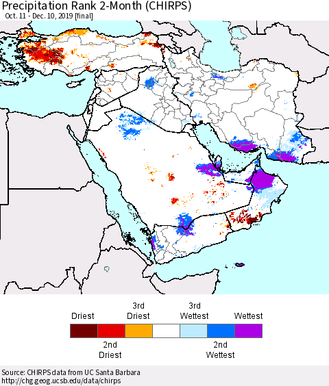Middle East and Turkey Precipitation Rank since 1981, 2-Month (CHIRPS) Thematic Map For 10/11/2019 - 12/10/2019