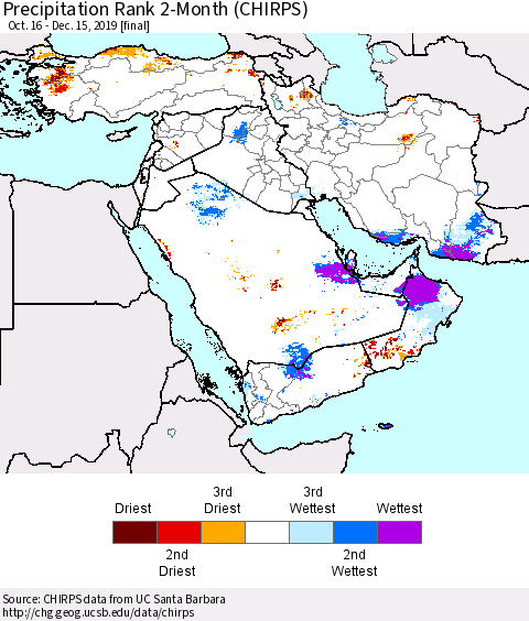 Middle East and Turkey Precipitation Rank since 1981, 2-Month (CHIRPS) Thematic Map For 10/16/2019 - 12/15/2019