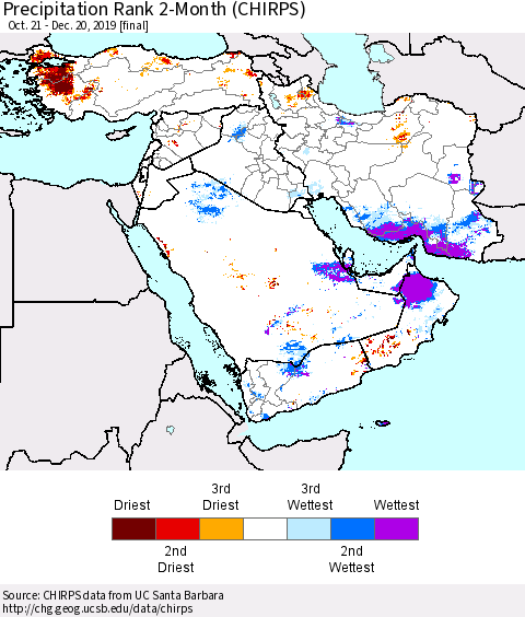 Middle East and Turkey Precipitation Rank since 1981, 2-Month (CHIRPS) Thematic Map For 10/21/2019 - 12/20/2019