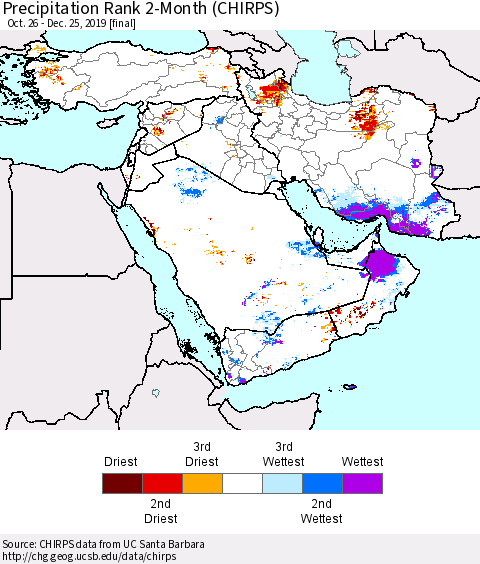 Middle East and Turkey Precipitation Rank since 1981, 2-Month (CHIRPS) Thematic Map For 10/26/2019 - 12/25/2019
