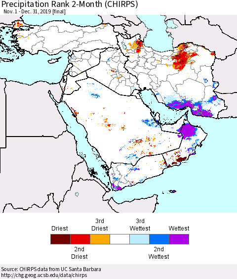 Middle East and Turkey Precipitation Rank since 1981, 2-Month (CHIRPS) Thematic Map For 11/1/2019 - 12/31/2019