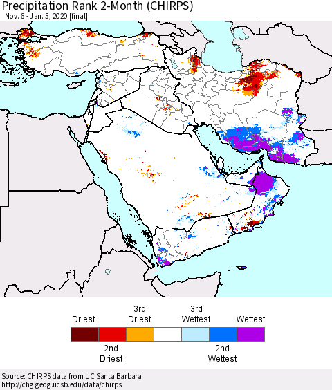 Middle East and Turkey Precipitation Rank since 1981, 2-Month (CHIRPS) Thematic Map For 11/6/2019 - 1/5/2020