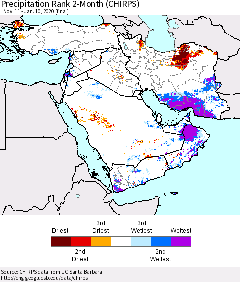 Middle East and Turkey Precipitation Rank since 1981, 2-Month (CHIRPS) Thematic Map For 11/11/2019 - 1/10/2020