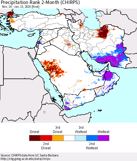 Middle East and Turkey Precipitation Rank since 1981, 2-Month (CHIRPS) Thematic Map For 11/16/2019 - 1/15/2020