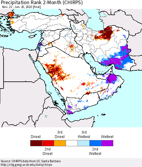 Middle East and Turkey Precipitation Rank since 1981, 2-Month (CHIRPS) Thematic Map For 11/21/2019 - 1/20/2020