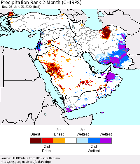 Middle East and Turkey Precipitation Rank since 1981, 2-Month (CHIRPS) Thematic Map For 11/26/2019 - 1/25/2020