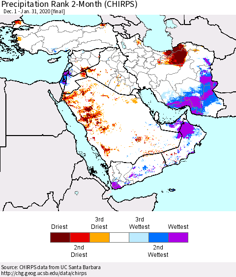Middle East and Turkey Precipitation Rank since 1981, 2-Month (CHIRPS) Thematic Map For 12/1/2019 - 1/31/2020