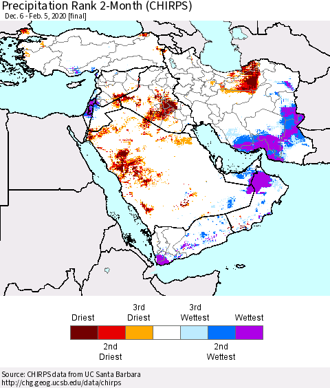 Middle East and Turkey Precipitation Rank since 1981, 2-Month (CHIRPS) Thematic Map For 12/6/2019 - 2/5/2020