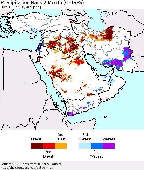 Middle East and Turkey Precipitation Rank since 1981, 2-Month (CHIRPS) Thematic Map For 12/11/2019 - 2/10/2020