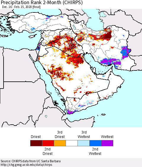 Middle East and Turkey Precipitation Rank since 1981, 2-Month (CHIRPS) Thematic Map For 12/16/2019 - 2/15/2020