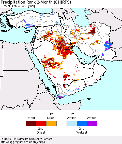 Middle East and Turkey Precipitation Rank since 1981, 2-Month (CHIRPS) Thematic Map For 12/21/2019 - 2/20/2020