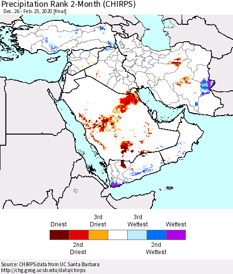 Middle East and Turkey Precipitation Rank since 1981, 2-Month (CHIRPS) Thematic Map For 12/26/2019 - 2/25/2020