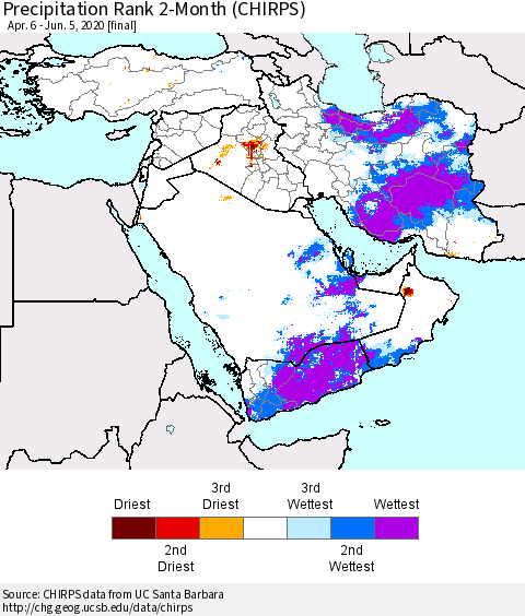 Middle East and Turkey Precipitation Rank since 1981, 2-Month (CHIRPS) Thematic Map For 4/6/2020 - 6/5/2020