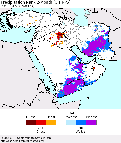 Middle East and Turkey Precipitation Rank since 1981, 2-Month (CHIRPS) Thematic Map For 4/11/2020 - 6/10/2020